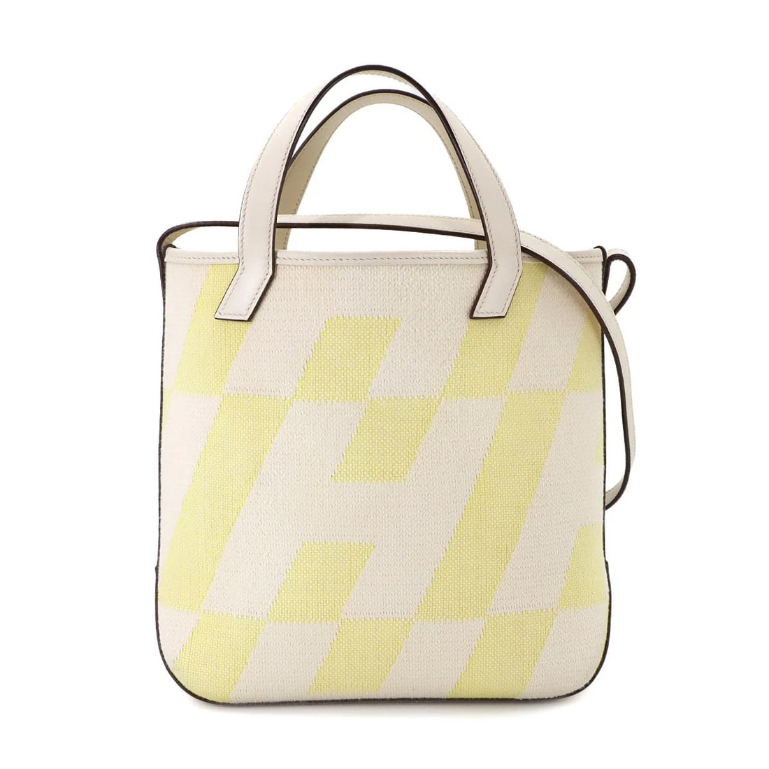 HERMES H EN BIAIS 27 PM TOTE SHOULDER BAG: HERMES H en Biais 27 PM Tote Shoulder Bag Brand: HERMES Type: Tote Bag / Shoulder Bag Material: H Toile Canvas , Swift Color: Ecru , Jaune Citron , Nata Size: W 10.24 inch, H 9.45 inch, D 3.35 inc