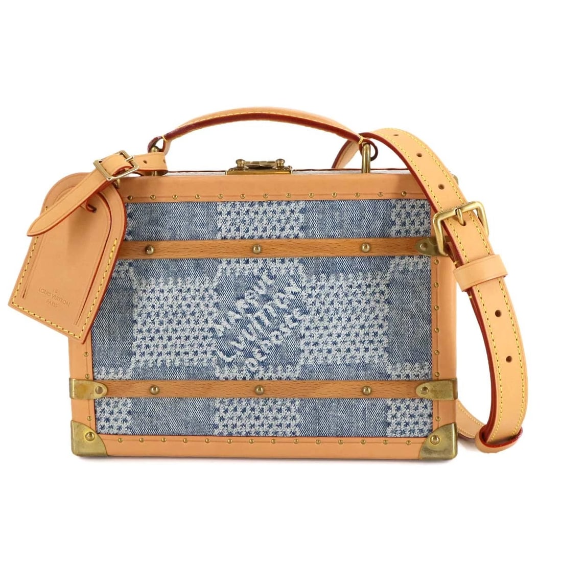 LOUIS VUITTON DAMIER DENIM 3D HANDLE TRUNK HAND SHOULDER BAG: LOUIS VUITTON Damier Denim 3D Handle Trunk Hand Shoulder Bag Brand: LOUIS VUITTON Type: Shoulder Bag / Hand Bag Material: Damier Denim 3D , Leather Color: Blue , Brown Size: W 8.66 inch, H 6.30 in