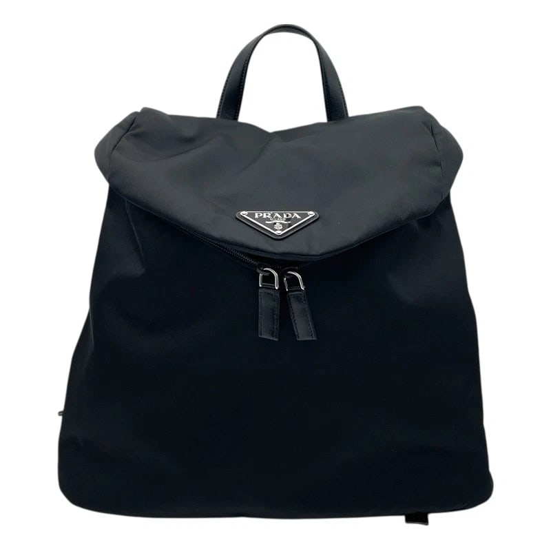 PRADA TRIANGLE LOGO BACKPACK: PRADA Triangle logo backpack Brand: PRADA Type: Backpack Â· Daypack Material: Nylon / leather Color: Black SVHardware Size: W16.5 x H13.8x D6.3inch Accessories: None Accessories Notice: