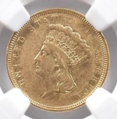 1854-O $3 INDIAN PRINCESS HEAD GOLD THREE DOLLARS: 1854-O $3 Indian Princess Head Gold Three Dollars Grade : AU53 Composition : Gold Denomination : $3 Year : 1854 Country of Origin : none Mint Location : New Orleans Brand/Mint : none
