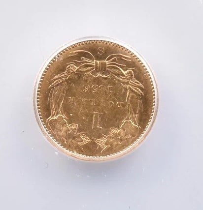 1856-S $1 INDIAN PRINCESS HEAD GOLD DOLLAR: 1856-S $1 Indian Princess Head Gold Dollar Grade : Genuine Composition : Gold Denomination : $1 Year : 1856 Country of Origin : none Mint Location : San Francisco Brand/Mint : none