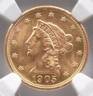1905 $2.50 LIBERTY HEAD GOLD QUARTER EAGLE: 1905 $2.50 Liberty Head Gold Quarter Eagle Grade : MS67 Composition : Gold Denomination : none Year : 1905 Country of Origin : none Mint Location : none Brand/Mint : none Accesso