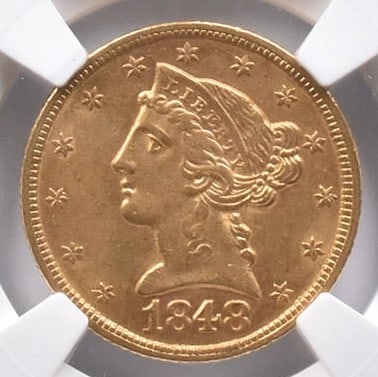 1848 $5 LIBERTY HEAD GOLD HALF EAGLE: 1848 $5 Liberty Head Gold Half Eagle Grade : none Composition : none Denomination : none Year : 1848 Country of Origin : none Mint Location : none Brand/Mint : none Accessories: