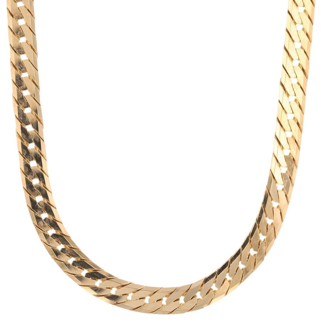 FLATTENED CUBAN CHAIN NECKLACE 14K YELLOW GOLD: Flattened Cuban Chain Necklace 14k Yellow Gold Brand: Unbranded Type: Necklace Material: 14k Yellow Gold Color: None Size: Necklace Measurement: 18.5" Length / 6.5mm Accessories: None