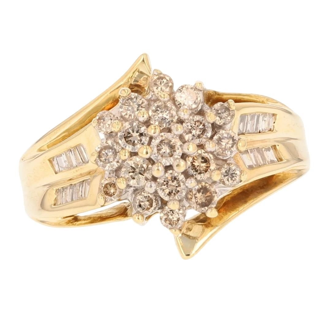 ROUND DIAMOND CLUSTER PRONG-SET STATEMENT RING: Round Diamond Cluster Prong-Set Statement Ring Brand: Unbranded Type: Ring Material: 10k Yellow Gold Main Stone/Creation Natural Color: None Size: 9.5 US Accessories: None Accessories Noti