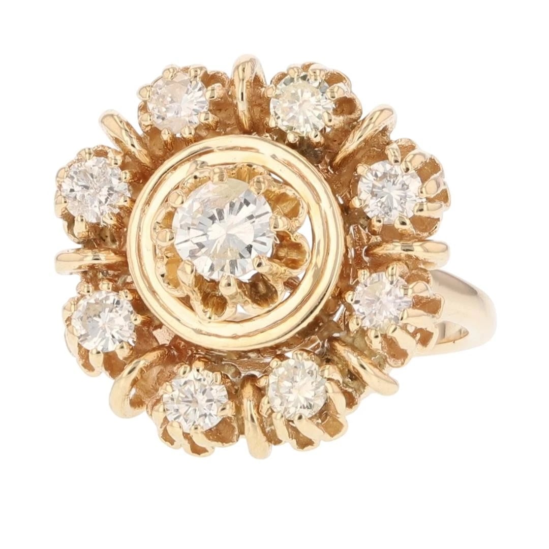 ROUND CUT DIAMOND HALO VINTAGE PRONG-SET RING: Round Cut Diamond Halo Vintage Prong-Set Ring Brand: Unbranded Type: Ring Material: 14k Yellow Gold Main Stone/Creation Natural Color: None Size: 6.75 US Accessories: None Accessories Notice: