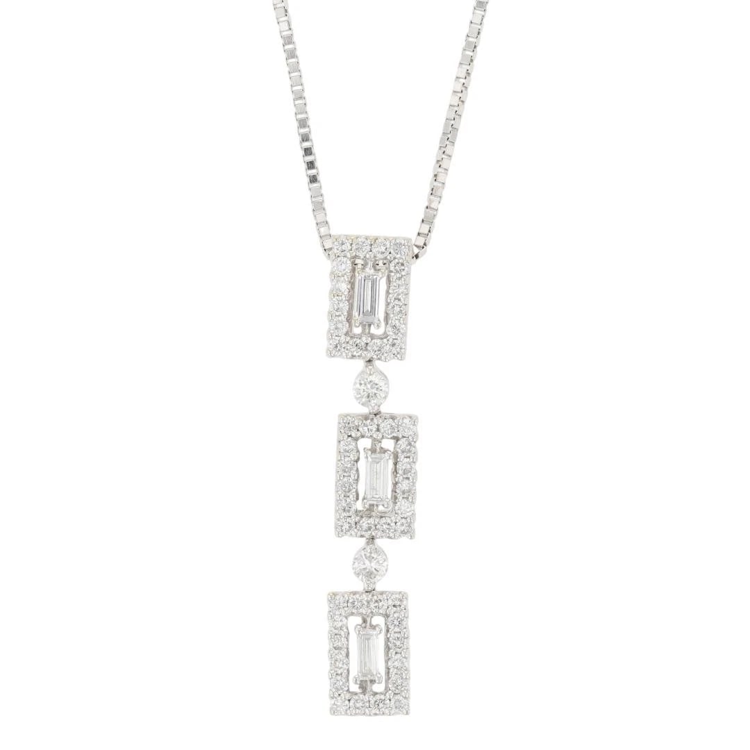 EMERALD CUT DIAMOND THREE-STONE HALO PENDANT NECKLACE: Emerald Cut Diamond Three-Stone Halo Pendant Necklace Brand: Unbranded Type: Necklace Material: 18k White Gold Main Stone/Creation Natural Color: None Size: Necklace Measurement: 18" Length /