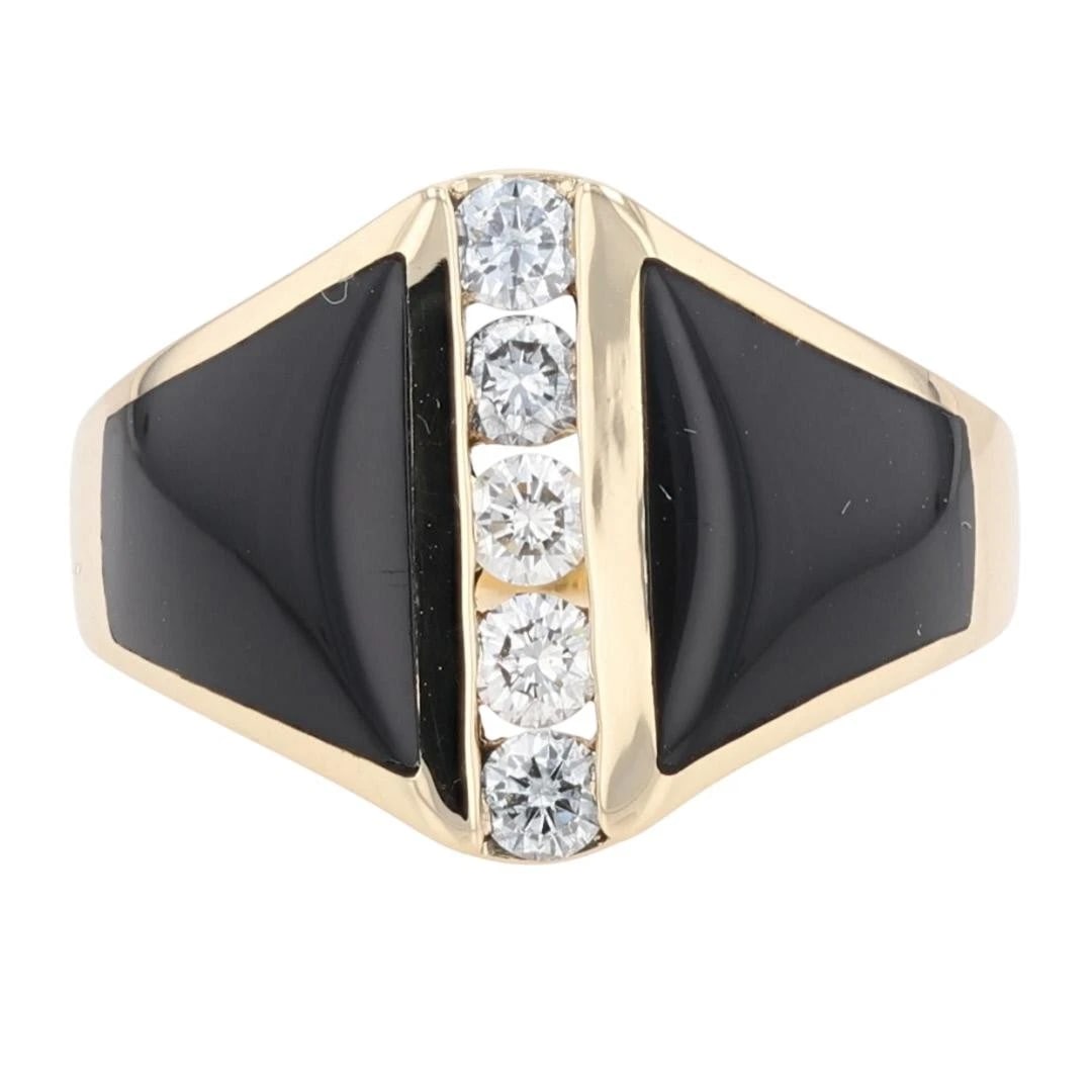 KABANA DIAMOND & DYED ONYX INLAY STATEMENT RING: Kabana Diamond & Dyed Onyx Inlay Statement Ring Brand: Kabana Type: Ring Material: 14k Yellow Gold Main Stone/Creation Natural Color: None Size: 6.75 US Accessories: None Accessories Notice: