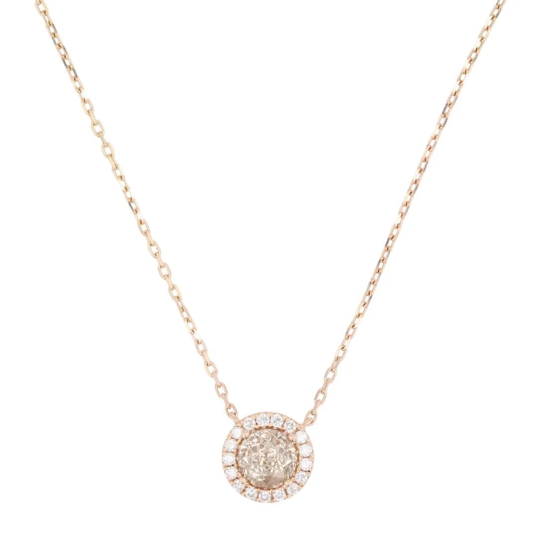 ROUND CUT DIAMOND HALO ADJUSTABLE NECKLACE: Round Cut Diamond Halo Adjustable Necklace Brand: Unbranded Type: Necklace Material: 14k Rose Gold Main Stone/Creation Natural Color: Main Stone Color: Brown Size: Necklace Measurement: 18"