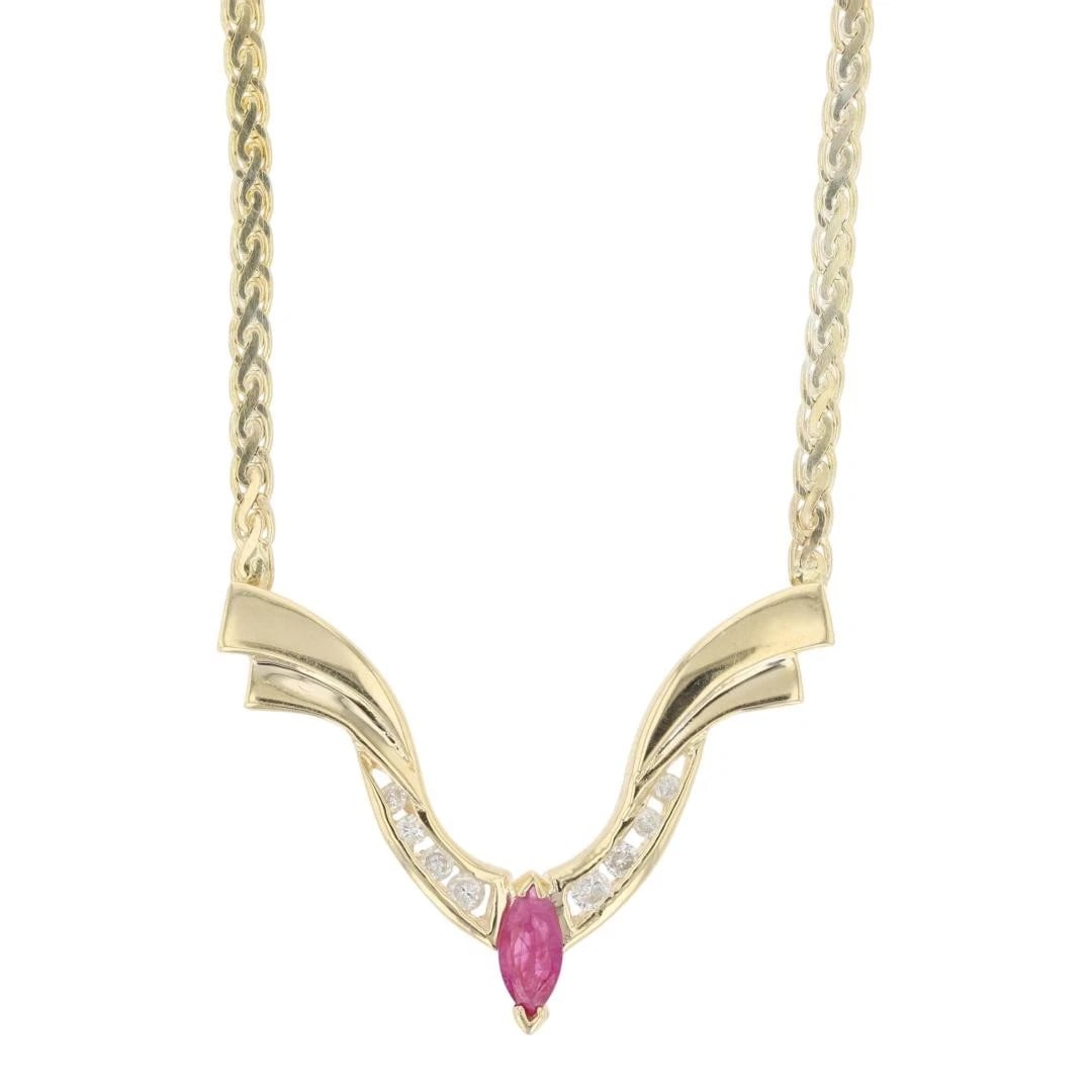 MARQUISE CUT RUBY WITH DIAMOND NECKLACE 14K YELLOW GOLD: Marquise Cut Ruby with Diamond Necklace 14k Yellow Gold Brand: Unbranded Type: Necklace Material: 14k Yellow Gold Main Stone/Creation Natural Color: Main Stone Color: Strong Purplish Red Size: