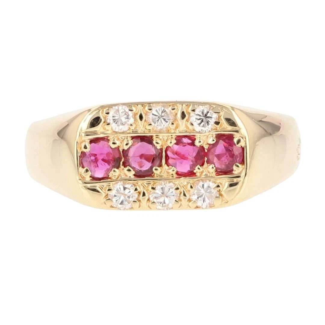 ROUND RUBY AND DIAMOND SIGNET BAND RING: Round Ruby and Diamond Signet Band Ring Brand: Unbranded Type: Ring Material: 14k Yellow Gold Main Stone/Creation Natural Color: Main Stone Color: Pinkish Red Size: 9.75 US Accessories: None <