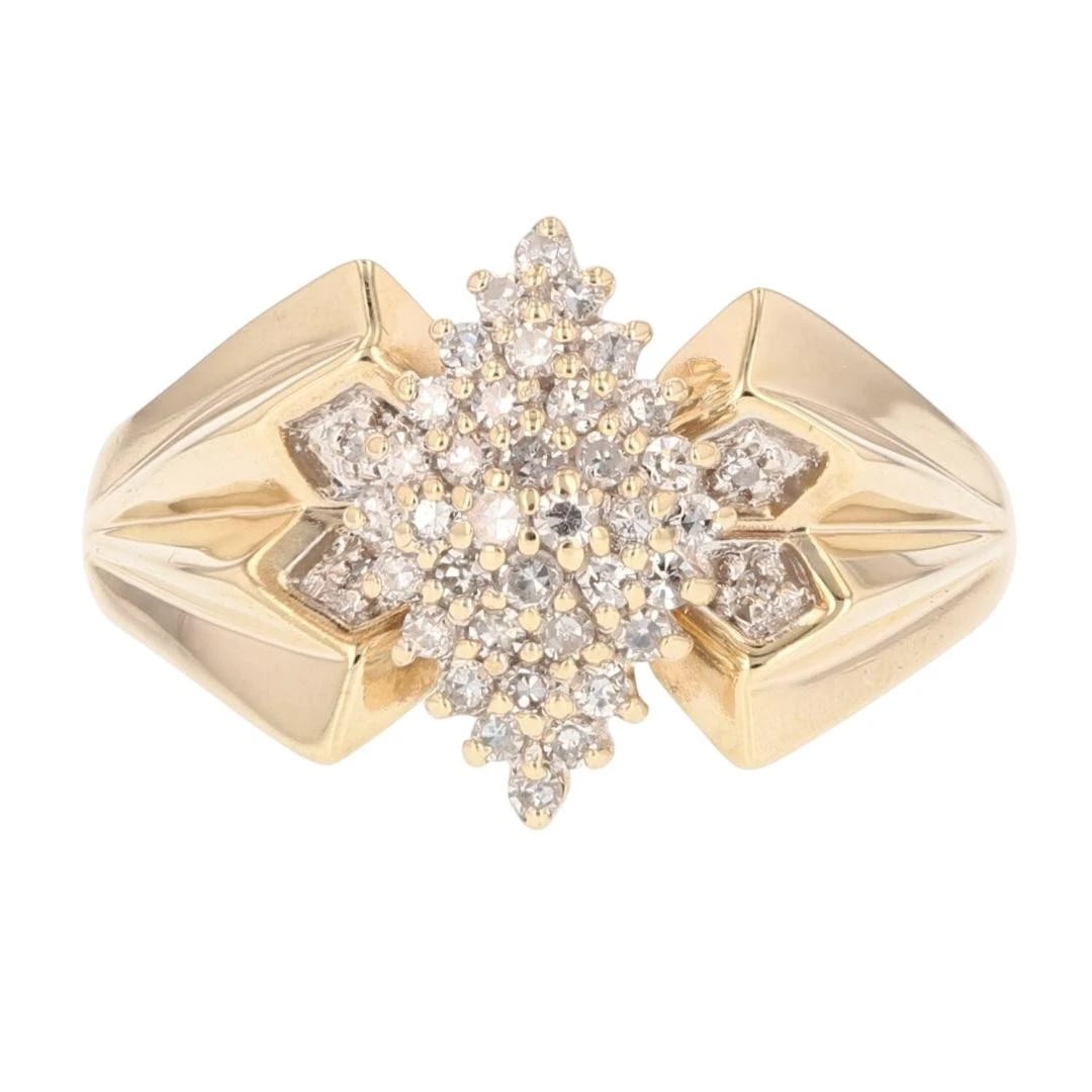 ROUND DIAMOND CLUSTER PRONG-SET STATEMENT RING: Round Diamond Cluster Prong-Set Statement Ring Brand: Unbranded Type: Ring Material: 10k Yellow Gold Main Stone/Creation Natural Color: None Size: 12.75 US Accessories: None Accessories No