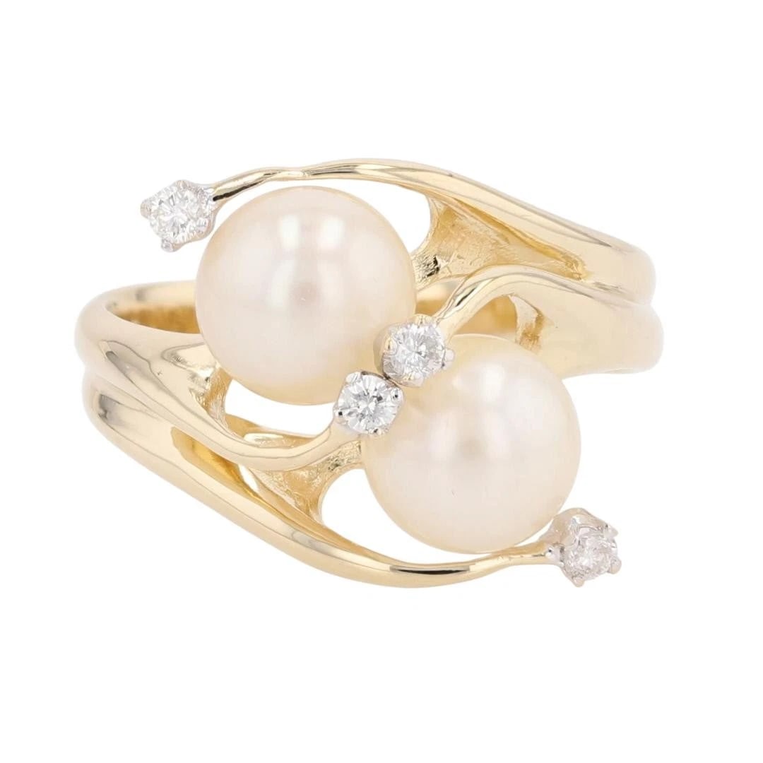 CARDOVA CULTURED AKOYA PEARL AND DIAMOND TWO-STONE RING: Cardova Cultured Akoya Pearl and Diamond Two-Stone Ring Brand: Unbranded Type: Ring Material: 14k Yellow Gold Color: Main Stone Color: White Size: 7.5 US Accessories: None Accessories Noti