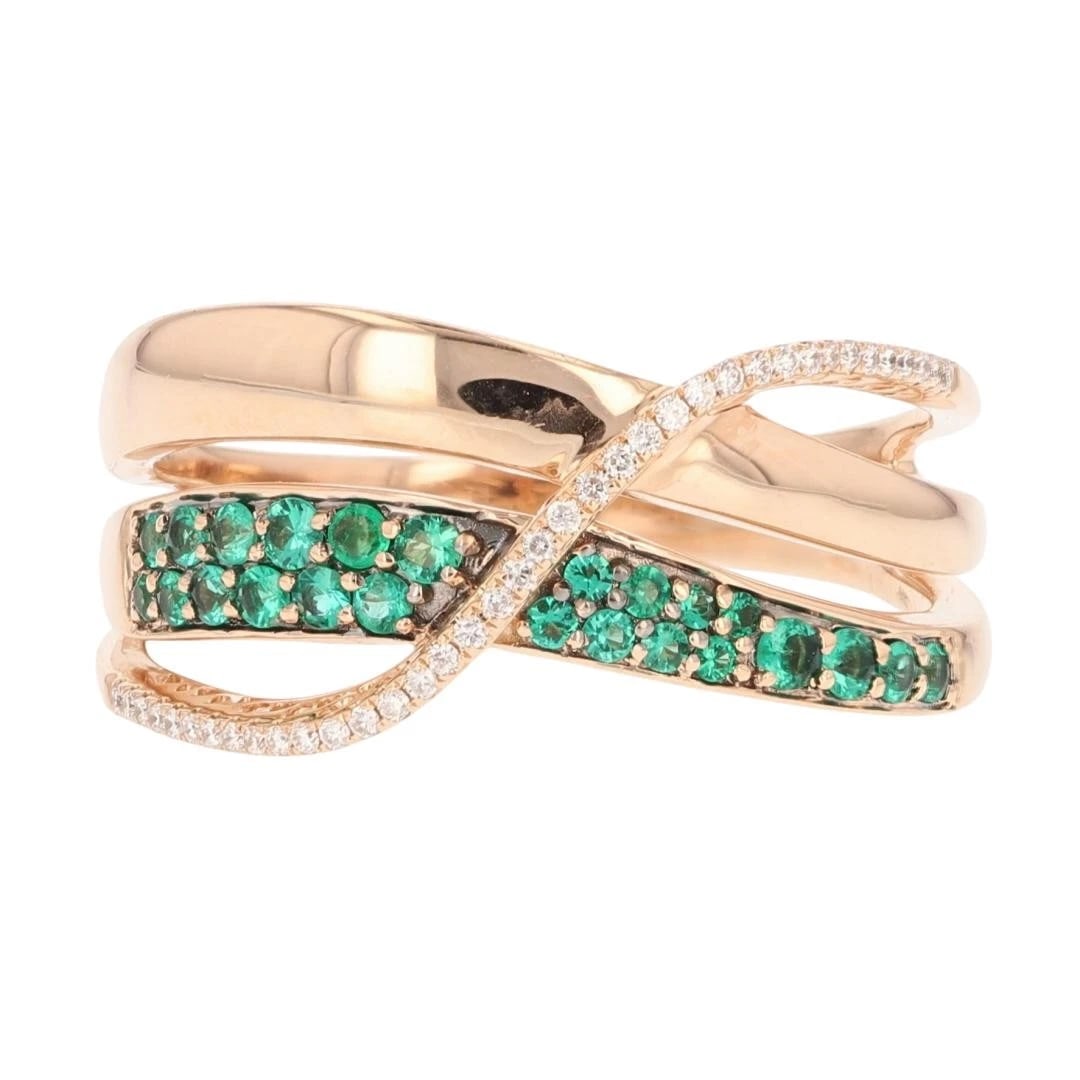 LE VIAN EMERALD & DIAMOND PAVÉ CROSSOVER BAND RING: Le Vian Emerald & Diamond Pavé Crossover Band Ring Brand: Le Vian Type: Ring Material: 14k Rose Gold Main Stone/Creation Emerald Color: Main Stone Color: Green Size: 13 US Accessories: None