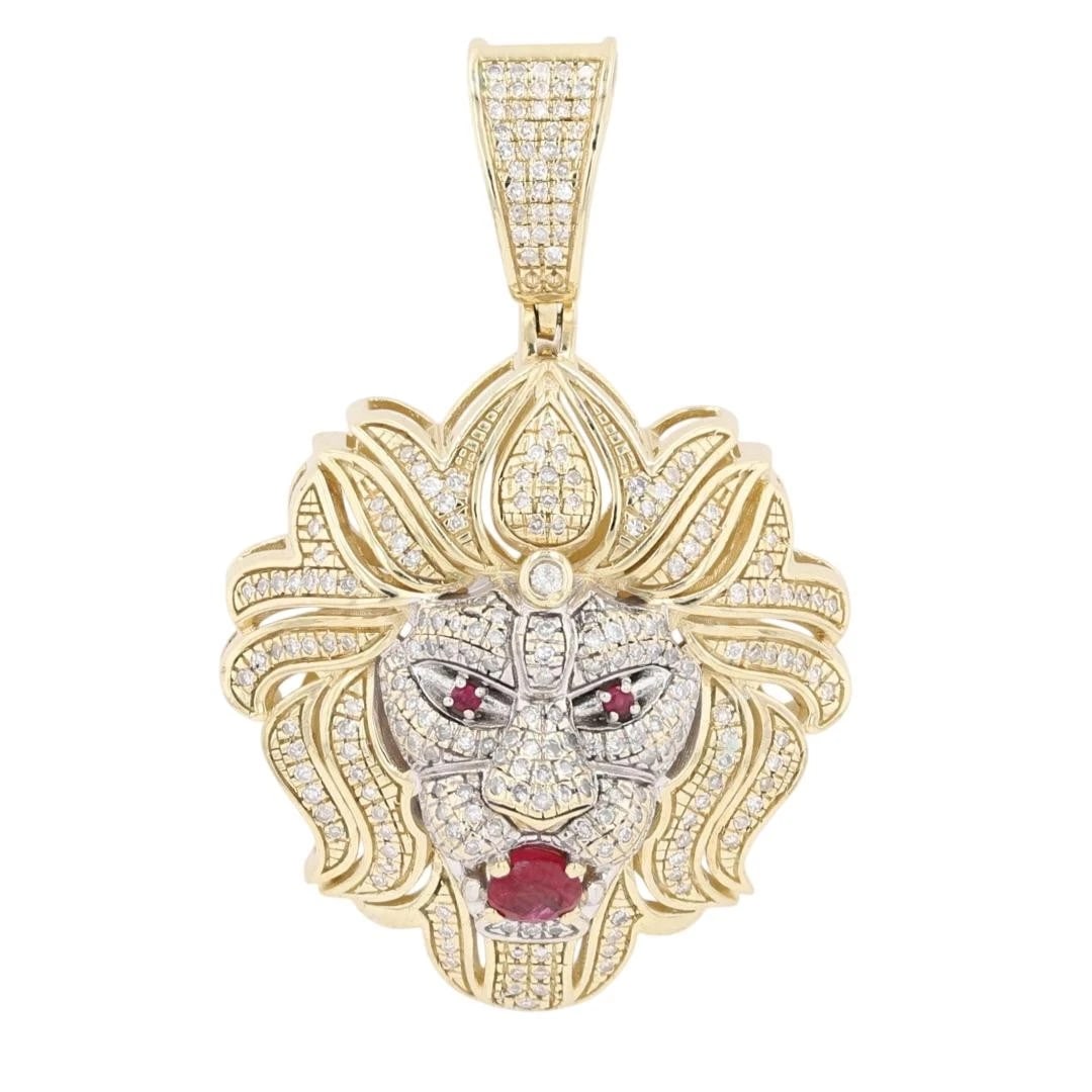 ROUND CUT RUBY AND DIAMOND LION HEAD PENDANT: Round Cut Ruby and Diamond Lion Head Pendant Brand: Unbranded Type: Pendant Material: 10k Multi-Tone Gold Main Stone/Creation Natural Color: Main Stone Color: Medium Dark Very Slightly Brownish