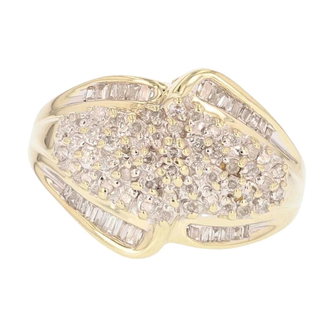 ROUND CUT DIAMOND CLUSTER STATEMENT BAND RING: Round Cut Diamond Cluster Statement Band Ring Brand: Unbranded Type: Ring Material: 10k Yellow Gold Main Stone/Creation Natural Color: None Size: 7 US Accessories: None Accessories Notice: