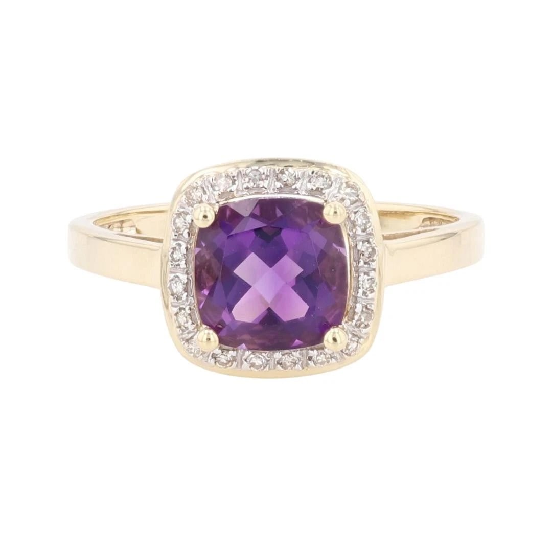 CUSHION AMETHYST AND DIAMOND HALO STATEMENT RING: Cushion Amethyst and Diamond Halo Statement Ring Brand: Unbranded Type: Ring Material: 14k Yellow Gold Main Stone/Creation Natural Color: Main Stone Color: Medium Dark Strong Purple Size: 10