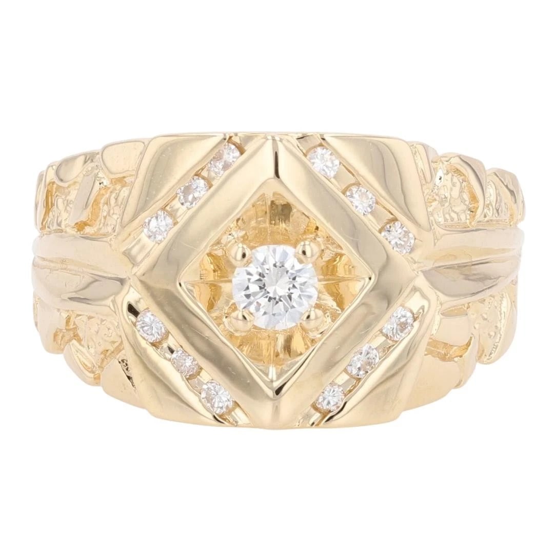 ROUND CUT DIAMOND NUGGET STYLE HALO BAND RING: Round Cut Diamond Nugget Style Halo Band Ring Brand: Unbranded Type: Ring Material: 14k Yellow Gold Main Stone/Creation Natural Color: None Size: 13 US Accessories: None Accessories Notice:
