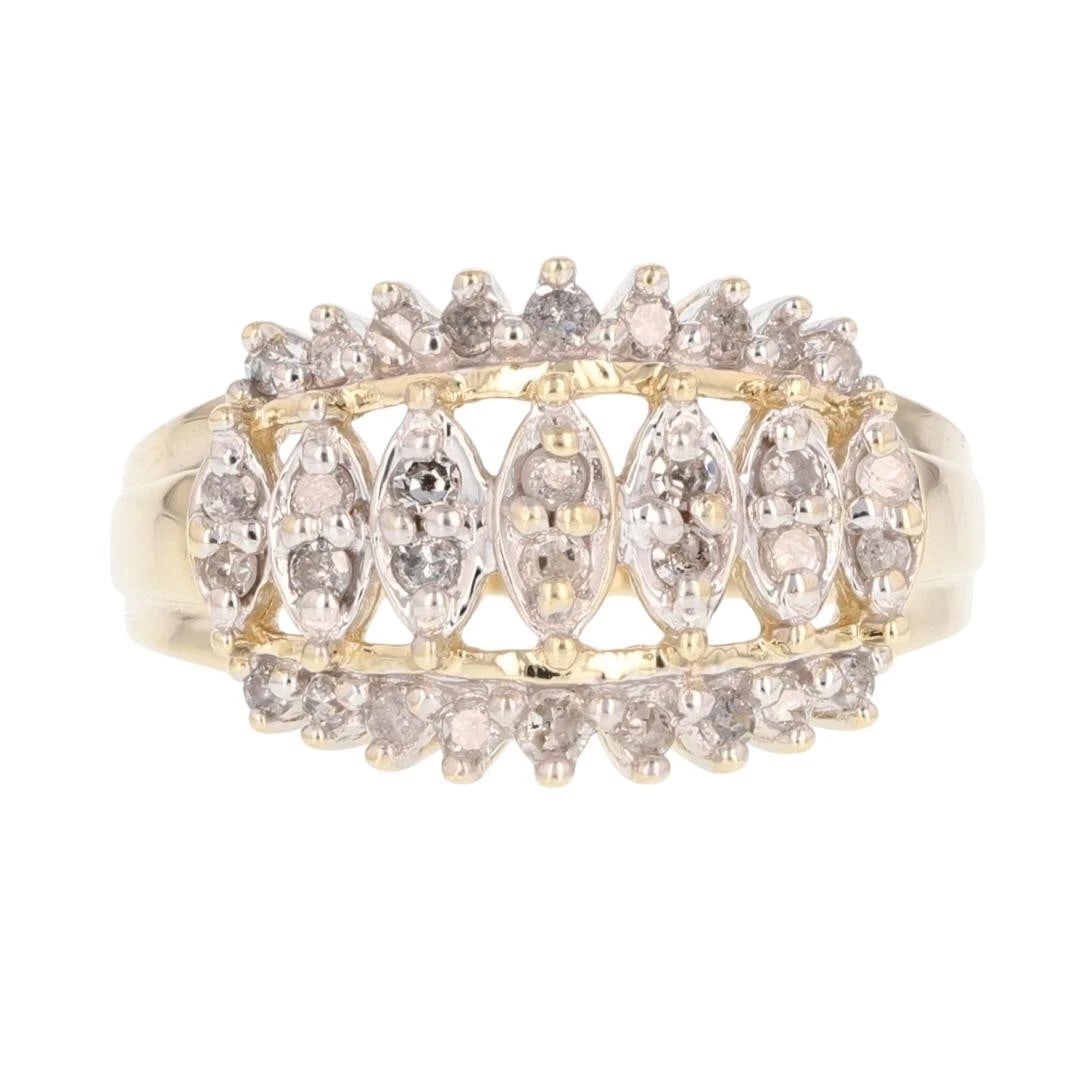 ROUND DIAMOND CLUSTER MULTI-ROW STATEMENT RING: Round Diamond Cluster Multi-Row Statement Ring Brand: Unbranded Type: Ring Material: 10k Multi-Tone Gold Main Stone/Creation Natural Color: None Size: 7 US Accessories: None Accessories No
