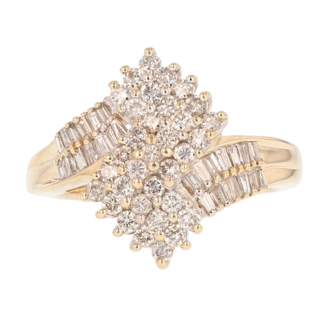 DIAMOND CLUSTER BYPASS STYLE STATEMENT RING: Diamond Cluster Bypass Style Statement Ring Brand: Unbranded Type: Ring Material: 14k Yellow Gold Main Stone/Creation Natural Color: None Size: 7 US Accessories: None Accessories Notice: W