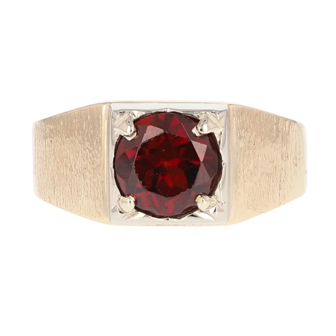 ARNET SOLITAIRE BRUSHED STATEMENT RING: arnet Solitaire Brushed Statement Ring Brand: Unbranded Type: Ring Material: 10k Multi-Tone Gold Main Stone/Creation Almandine Garnet Color: Main Stone Color: Dark Moderately Strong Red Size: