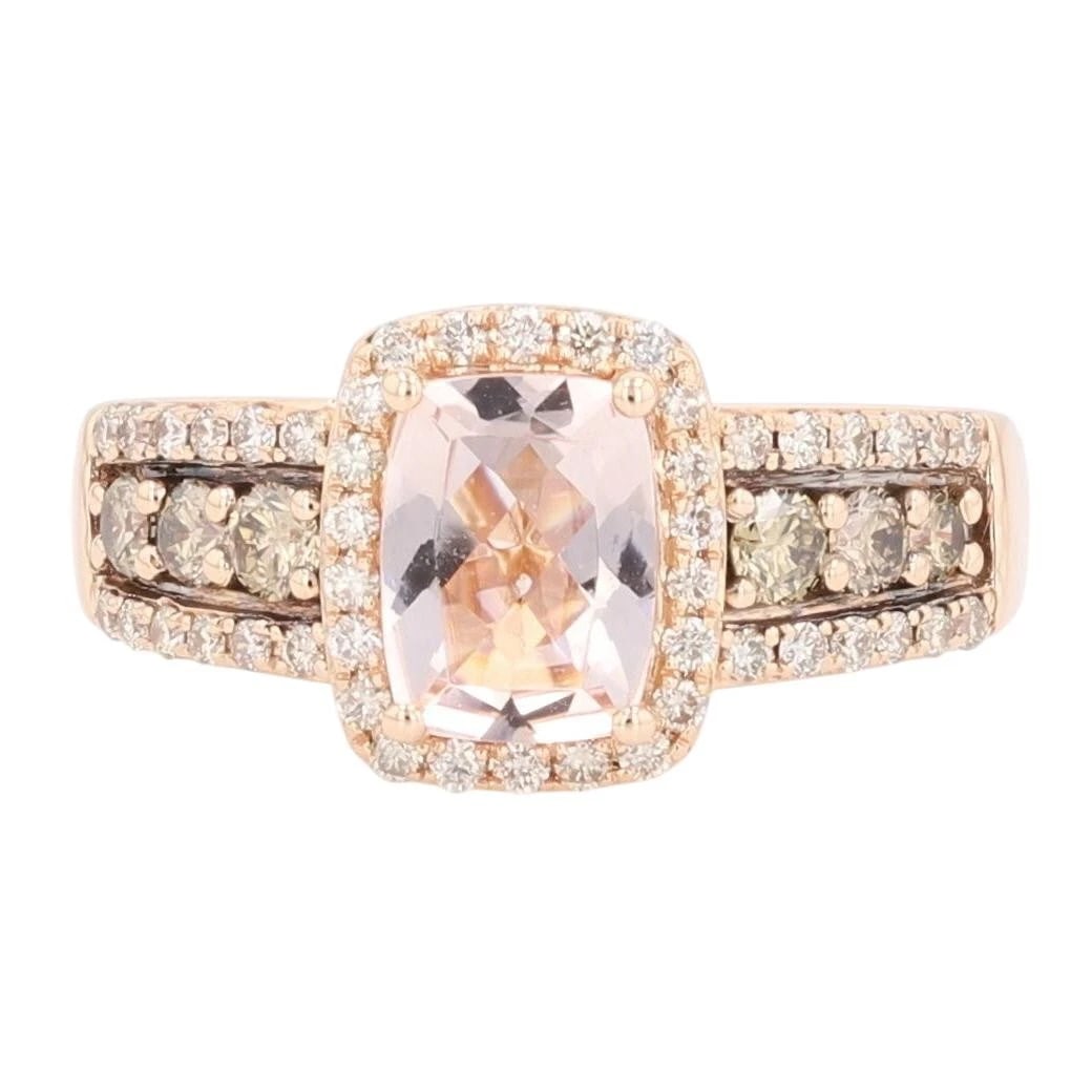 LE VIAN CUSHION CUT MORGANITE AND DIAMOND HALO RING: Le Vian Cushion Cut Morganite and Diamond Halo Ring Brand: Le Vian Type: Ring Material: 14k Rose Gold Main Stone/Creation Natural Color: Main Stone Color: Light Brownish Orangy Red Size: 7 US 