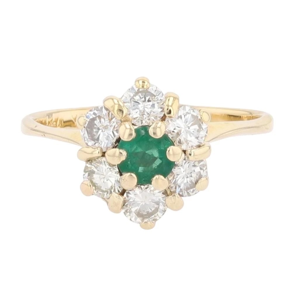 ROUND CUT EMERALD & DIAMOND HALO STATEMENT RING: Round Cut Emerald & Diamond Halo Statement Ring Brand: Unbranded Type: Ring Material: 14k Yellow Gold Main Stone/Creation Natural Color: Main Stone Color: Medium Very Slightly Grayish Very