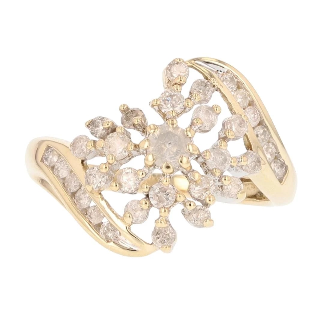 ROUND CUT DIAMOND CLUSTER BYPASS STYLE RING: Round Cut Diamond Cluster Bypass Style Ring Brand: Unbranded Type: Ring Material: 10k Yellow Gold Main Stone/Creation Natural Color: None Size: 7.25 US Accessories: None Accessories Notice: