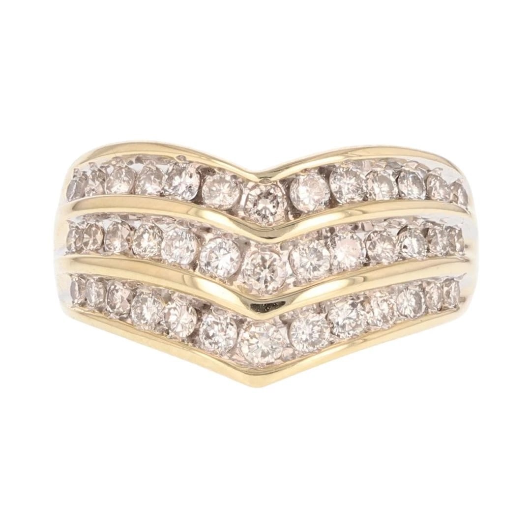 DIAMOND THREE-ROW CHANNEL-SET CHEVRON BAND RING: Diamond Three-Row Channel-Set Chevron Band Ring Brand: Unbranded Type: Ring Material: 14k Yellow Gold Main Stone/Creation Natural Color: None Size: 7 US Accessories: None Accessories Notice: