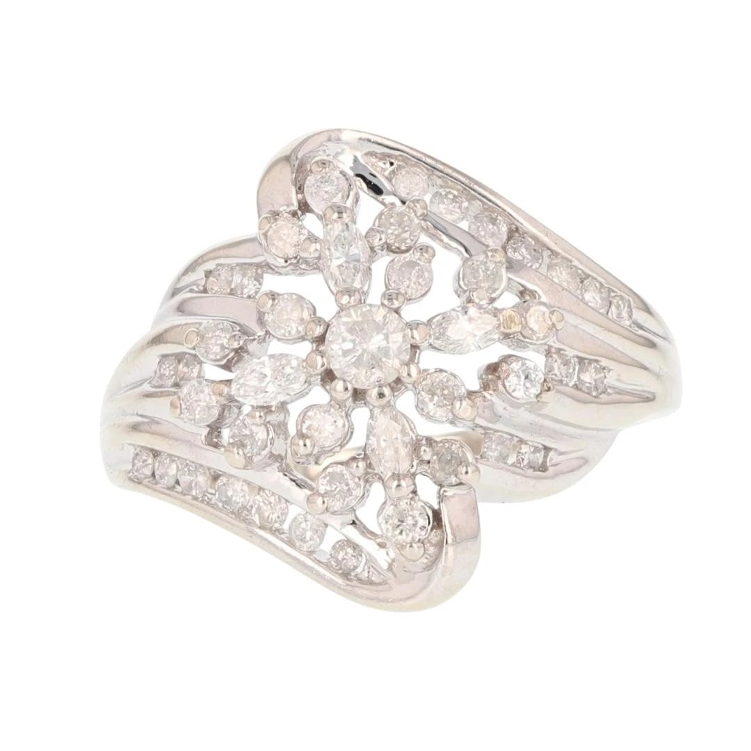 DIAMOND HALO CLUSTER OPENWORK STATEMENT RING: Diamond Halo Cluster Openwork Statement Ring Brand: Unbranded Type: Ring Material: 14k White Gold Main Stone/Creation Natural Color: None Size: 7.25 US Accessories: None Accessories Notice