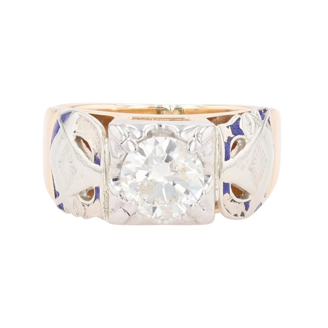 ROUND DIAMOND SOLITAIRE MASONIC BAND RING: Round Diamond Solitaire Masonic Band Ring Brand: Unbranded Type: Ring Material: 14k Multi-Tone Gold Main Stone/Creation Natural Color: None Size: 7.25 US Accessories: None Accessories Notice: