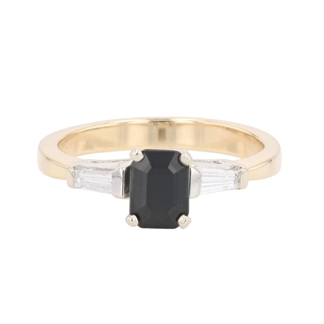 EMERALD SAPPHIRE WITH DIAMOND ACCENTS RING: Emerald Sapphire with Diamond Accents Ring Brand: Unbranded Type: Ring Material: 14k Multi-Tone Gold Main Stone/Creation Sapphire Color: Main Stone Color: Very Dark Very Slightly Grayish