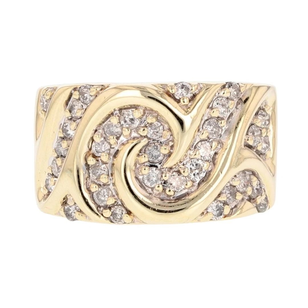 ROUND DIAMOND SWIRL MOTIF STATEMENT BAND RING: Round Diamond Swirl Motif Statement Band Ring Brand: Unbranded Type: Ring Material: 10k Yellow Gold Main Stone/Creation Natural Color: None Size: 7.75 US Accessories: None Accessories Notice: