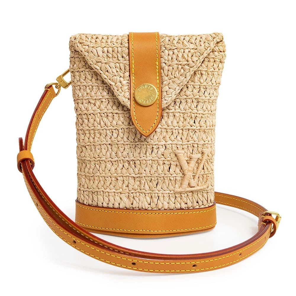 LOUIS VUITTON ENVELOPPE POUCH SHOULDER BAG: LOUIS VUITTON Enveloppe Pouch Shoulder Bag Brand: LOUIS VUITTON Type/Style: Handbag Material: Raffia/Cowhide Leather Color: Natural Beige Size: W:12.5cm x H:18cm x D:8.5cm Shoulder strap: 96-123cm