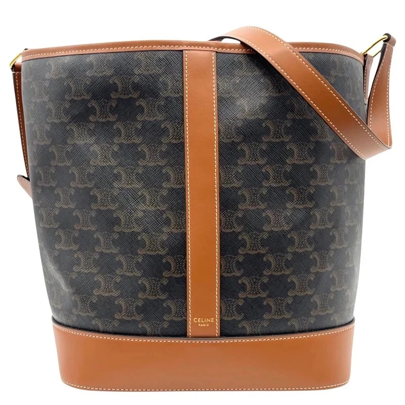CELINE MEDIUM BUCKET BLACK×TAN TRIOMPHE SHOULDER BAG: CELINE Medium Bucket Black×Tan Triomphe Shoulder Bag Brand: CELINE Type/Style: Handbag Material: Triomphe Canvas/Leather Color: Black x Tan Size: W: 37cm / H: 26.5cm / D: 18cm / Shoulder: