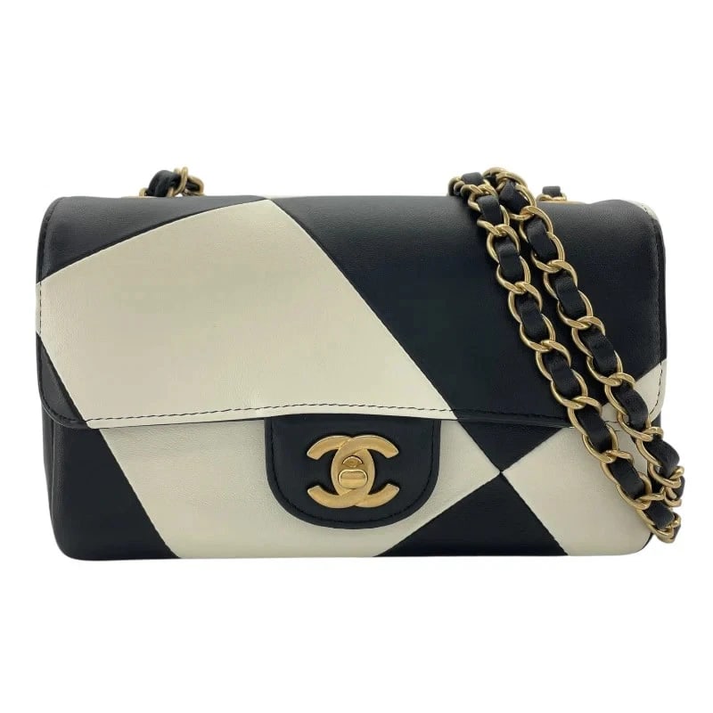 CHANEL CHAIN SHOULDER BLACK X WHITE GHW CALF SHOULDER BAG: CHANEL Chain Shoulder Black x White GHW Calf Shoulder Bag Brand: CHANEL Type/Style: Handbag Material: Calf Color: Black x White GD Hardware Size: W: 20cm / H: 12cm / D: 7cm Accessories: None <