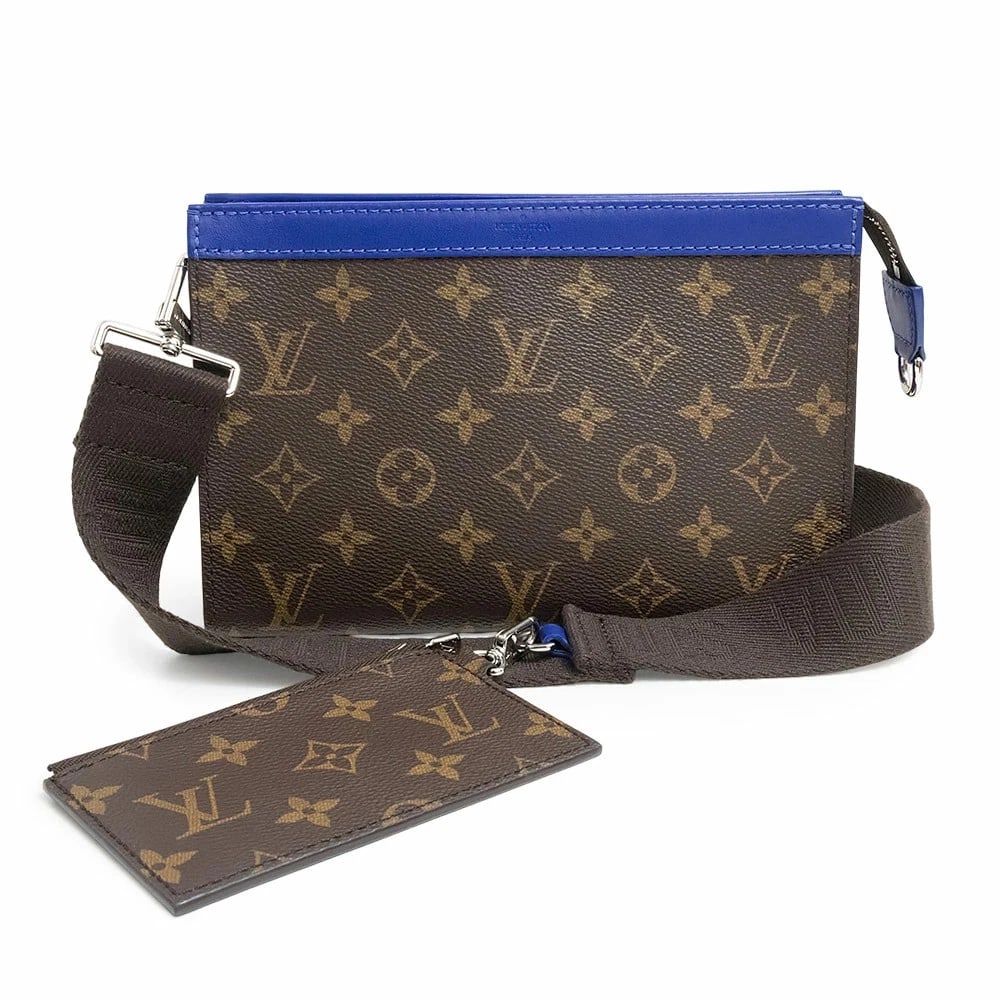 LOUIS VUITTON GASTON WEARABLE SHOULDER BAG: LOUIS VUITTON Gaston Wearable Shoulder Bag Brand: LOUIS VUITTON Type/Style: Handbag Material: Monogram Macassar / Leather Color: Indigo Blue X Brown Size: W:22cm x H:14.5cm x D:4.5cm Shoulder stra