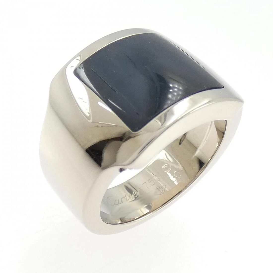 CARTIER SANTOS DUMONT RING: Cartier Santos Dumont Ring Brand: Cartier Type: Ring Material: 750 White Gold Main Stone/Creation Hawk's eye Color: White Gold Size: 10 (US size) Accessories: None Accessories Notice: When