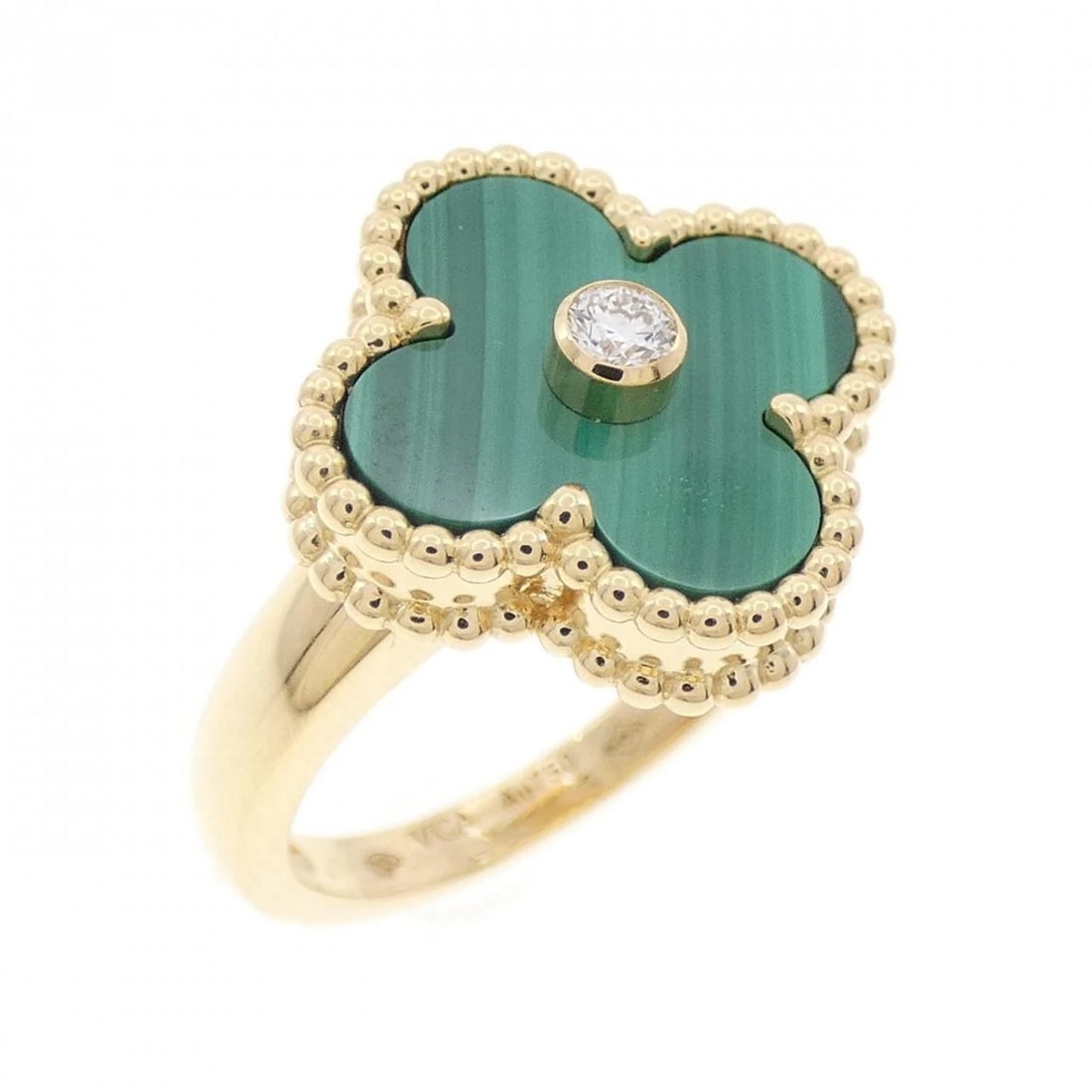 VAN CLEEF & ARPELS ALHAMBRA RING: Van Cleef & Arpels Alhambra Ring Brand: Van Cleef & Arpels Type: Ring Material: 750 Yellow Gold Main Stone/Creation Malachite Color: Yellow Gold Size: 4-4.5 (US size) Accessories: None