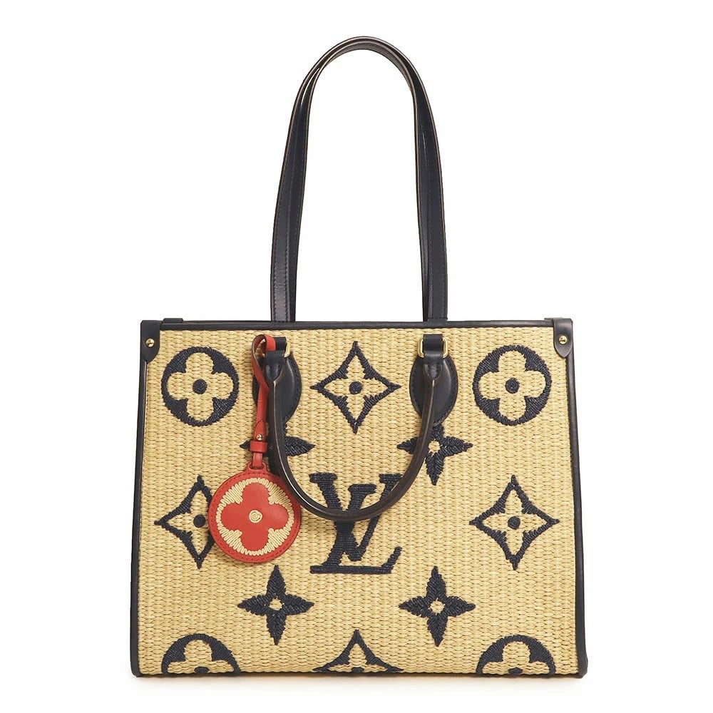 LOUIS VUITTON MONOGRAM RAFFIA ONTHEGO MM TOTE BAG: LOUIS VUITTON Monogram Raffia Onthego MM Tote Bag Brand: LOUIS VUITTON Type/Style: Handbag Material: Rafia (Raffia) / Leather Color: Blue X Beige Size: W:34cm x H:27cm x D:15cm Handle: 34cm 