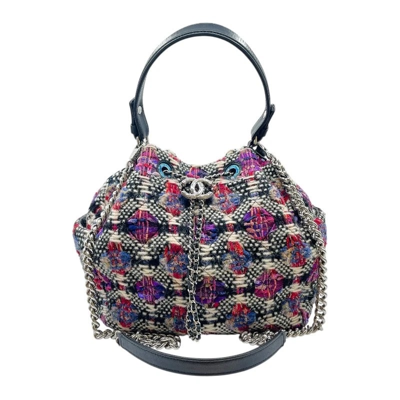 CHANEL TWEED DRAWSTRING SHOULDER BAG: CHANEL Tweed Drawstring Shoulder Bag Brand: CHANEL Type: Shoulder Bag Material: tweed Color: Multicolor SilverHardware Size: W9.1 x H9.4x D5.5inch Accessories: None Accessories Notice: When