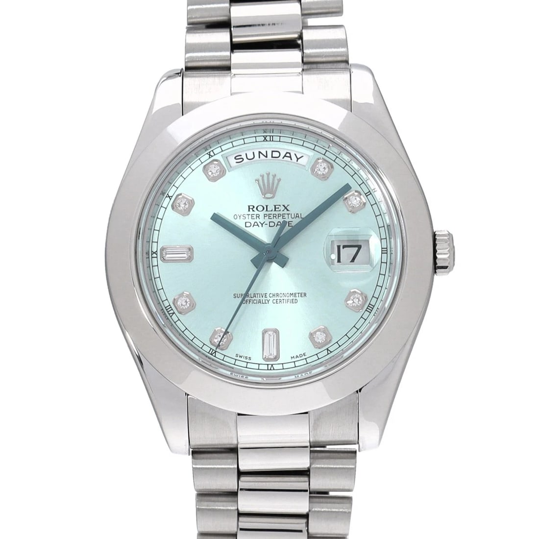 ROLEX DAY DATEII ICE BLUE DIAMOND WATCH: ROLEX Day DateII Ice blue diamond WATCH Brand: ROLEX Type: Wristwatch Material: Band Material Platinum, Case Material Platinum Color: Dial Color Ice blue Size: Case H/about 41mm W/about 41mm D/abo