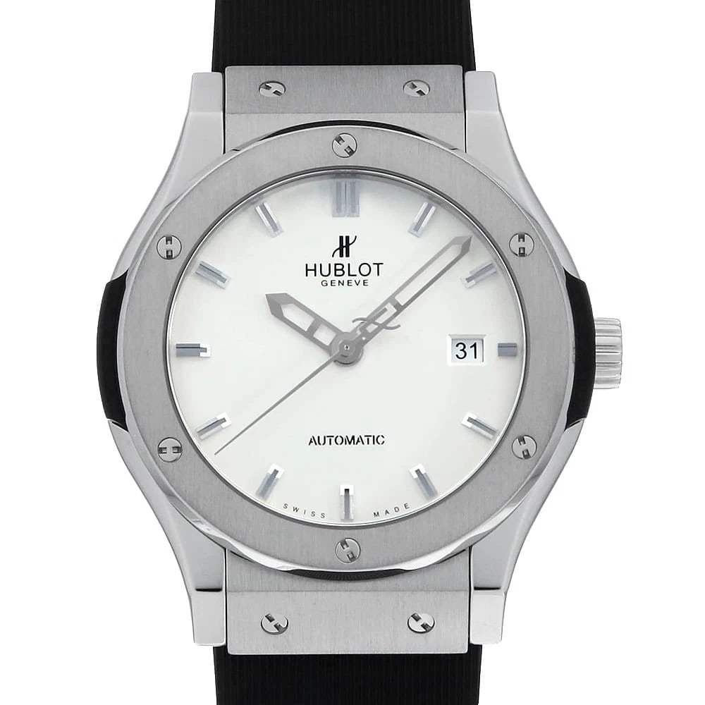 HUBLOT CLASSIC FUSION TITANIUM WATCH: HUBLOT Classic Fusion Titanium Watch Brand: HUBLOT Type: Wrist watch Material: Band Material rubber, Case Material Titanium Color: Dial Color Silver Size: Band Size NONE, Case Size Case:W42mm Acc