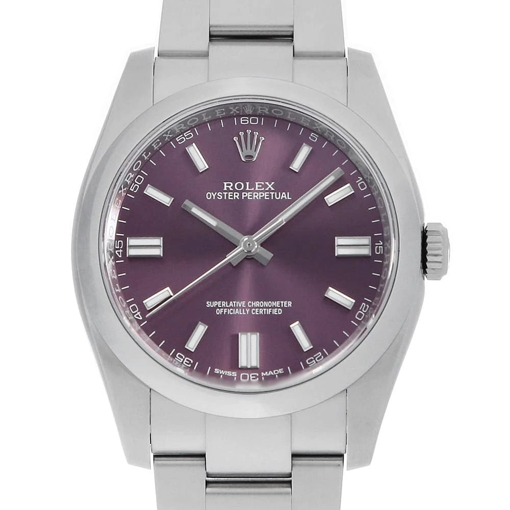 ROLEX OYSTER PERPETUAL RED GRAPE WATCH: ROLEX Oyster perpetual Red grapeWatch Brand: ROLEX Type: Wrist watch Material: Band Material Stainless Steel, Case Material Stainless Steel Color: Dial Color Red grape Size: Band Size 18.5cm (7.3i