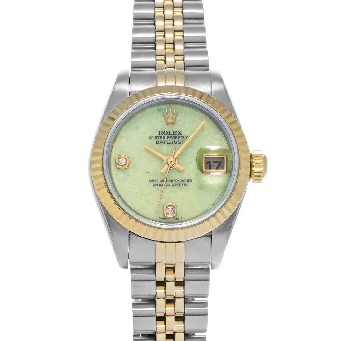 ROLEX DATEJUST GREEN JADE DIAMOND WATCH: ROLEX Datejust Green jade diamond WATCH Brand: ROLEX Type: Wristwatch Material: Band Material Stainless steel/Yellow Gold, Case Material Stainless steel Color: Dial Color Green jade Size: Case H/a