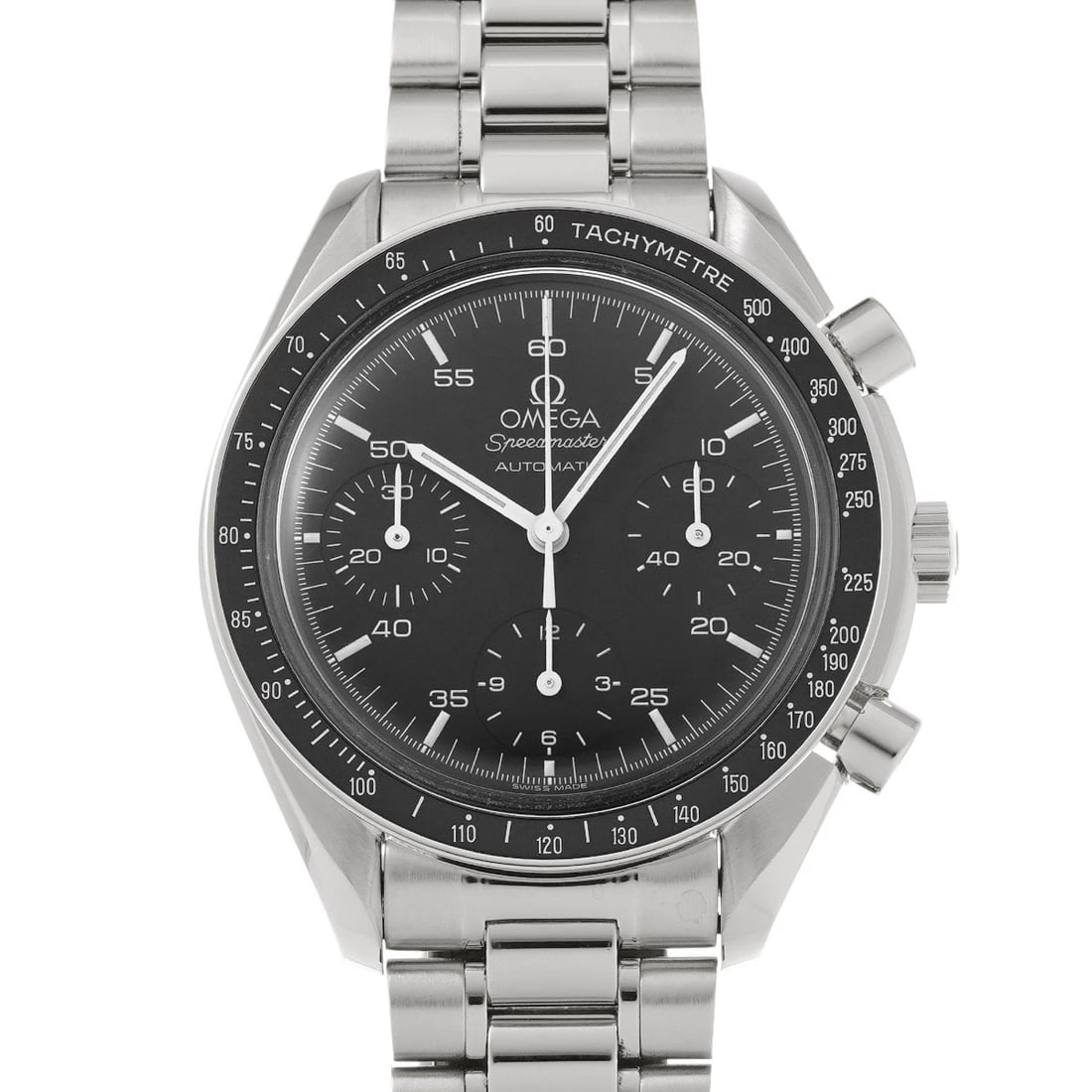 OMEGA SPEEDMASTER BLACK WATCH: OMEGA Speedmaster black WATCH Brand: OMEGA Type: Wristwatch Material: Band Material Stainless steel, Case Material Stainless steel Color: Dial Color black Size: Case H/about 39mm W/about 39mm D/ab