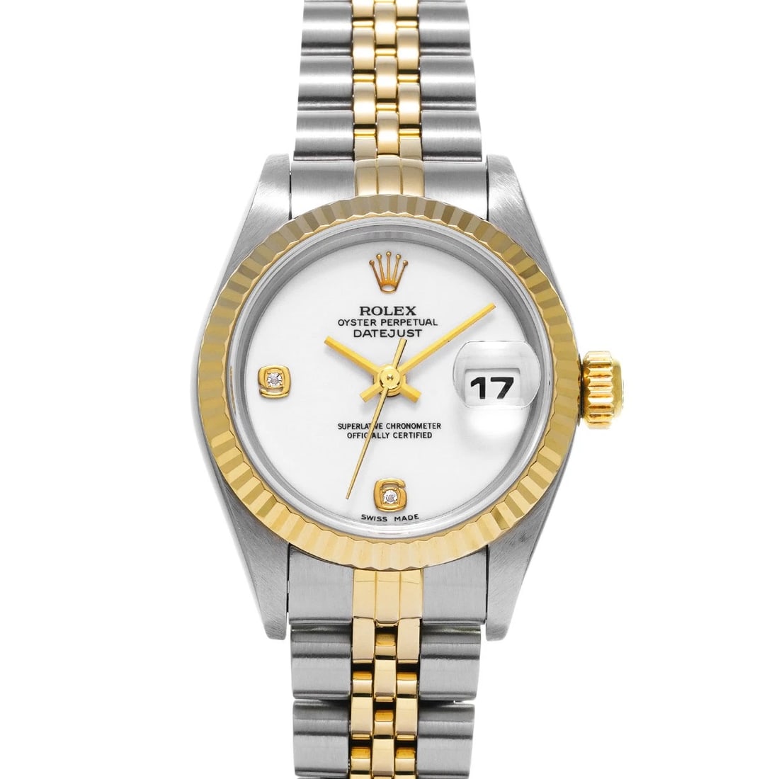 ROLEX DATEJUST WHITE DIAMOND WATCH: ROLEX Datejust white diamond WATCH Brand: ROLEX Type: Wristwatch Material: Band Material Stainless steel/Yellow Gold, Case Material Stainless steel Color: Dial Color white Size: Case H/about 26mm