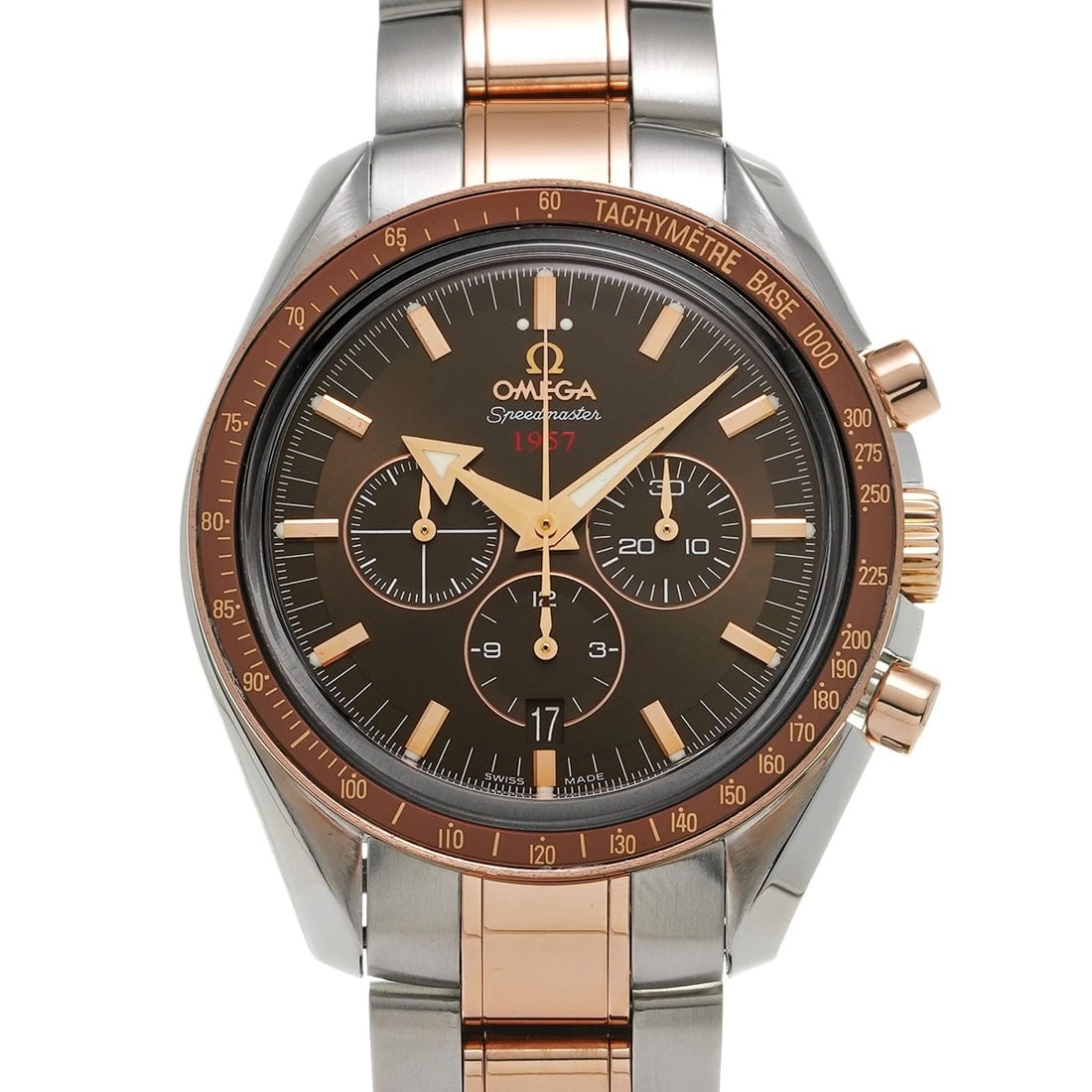 OMEGA SPEEDMASTER BROAD ARROW BROWN WATCH: OMEGA Speedmaster Broad Arrow Brown WATCH Brand: OMEGA Type: Wristwatch Material: Band Material Stainless steel/Red gold, Case Material Stainless steel Color: Dial Color Brown Size: Case H/about 4