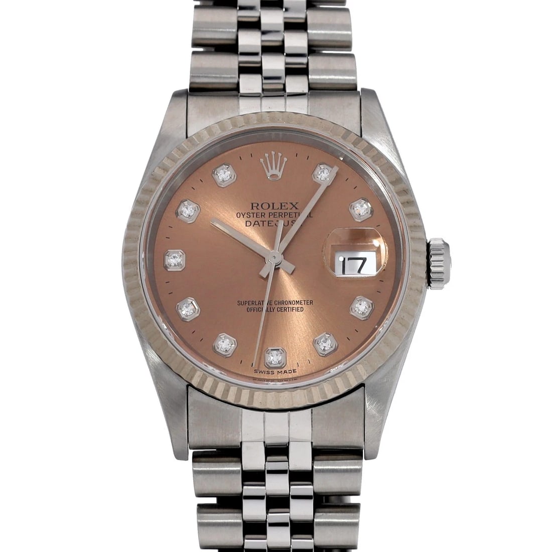 ROLEX DATEJUST PINK DIAMOND WATCH: ROLEX Datejust pink diamond WATCH Brand: ROLEX Type: Wristwatch Material: Band Material Stainless steel, Case Material Stainless steel Color: Dial Color pink Size: Case H/about 36mm W/about 36mm D