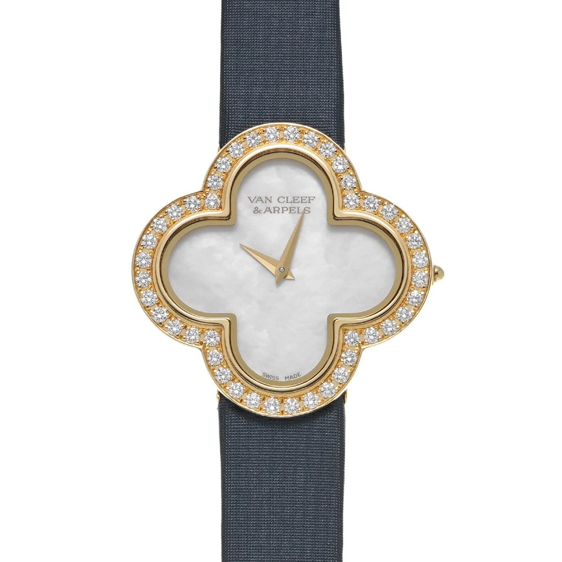 VAN CLEEF & ARPELS ALHAMBRA WHITE SHELL WATCH: Van Cleef & Arpels Alhambra White shell WATCH Brand: Van Cleef & Arpels Type: Wristwatch Material: Band Material Satin, Case Material Yellow Gold Color: Dial Color White shell Size: Case H/about 3